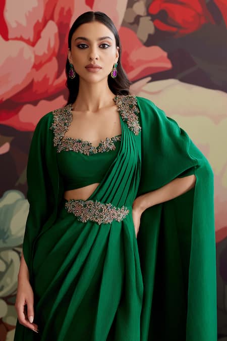 Shop Parul And Preyanka Green Crepe Beads, Zari, Embroidery Open Neck Panna Pre-draped Saree With Cape Online at Aza Fashions Shop_Parul And Preyanka_Green Crepe Beads, Zari, Embroidery Open Neck Panna Pre-draped Saree With Cape _Online_at_Aza_Fashions