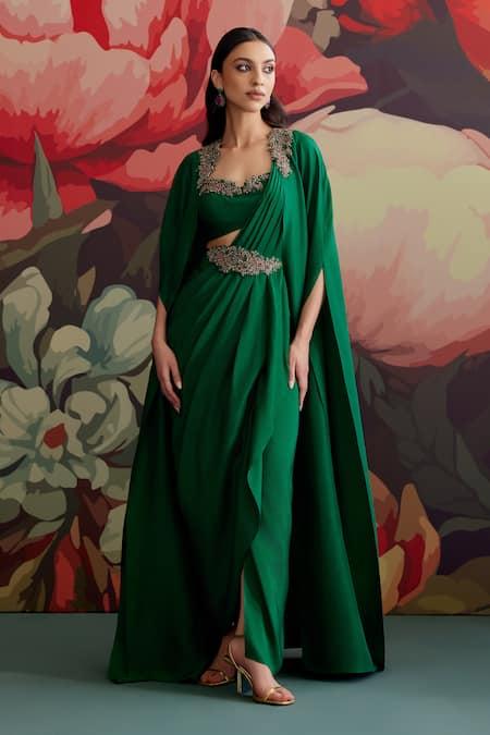 Buy Parul And Preyanka Green Crepe Beads, Zari, Embroidery Open Neck Panna Pre-draped Saree With Cape Buy_Parul And Preyanka_Green Crepe Beads, Zari, Embroidery Open Neck Panna Pre-draped Saree With Cape