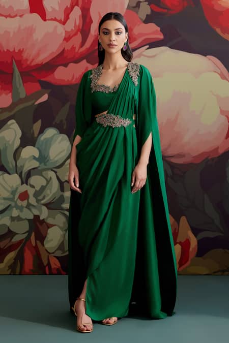 Shop Parul And Preyanka Green Crepe Beads, Zari, Embroidery Open Neck Panna Pre-draped Saree With Cape Shop_Parul And Preyanka_Green Crepe Beads, Zari, Embroidery Open Neck Panna Pre-draped Saree With Cape
