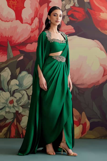 Parul And Preyanka Panna Embroidered Pre-Draped Saree With Cape 