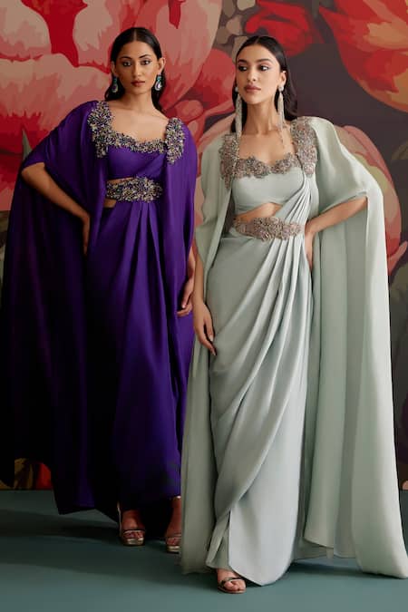Buy_Parul And Preyanka_Purple Crepe Beads, Zari Open Neck Jamini Embroidered Pre-draped Saree With Cape _Online_at_Aza_Fashions