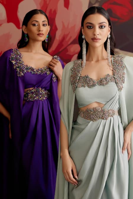 Shop_Parul And Preyanka_Purple Crepe Beads, Zari Open Neck Jamini Embroidered Pre-draped Saree With Cape _Online_at_Aza_Fashions