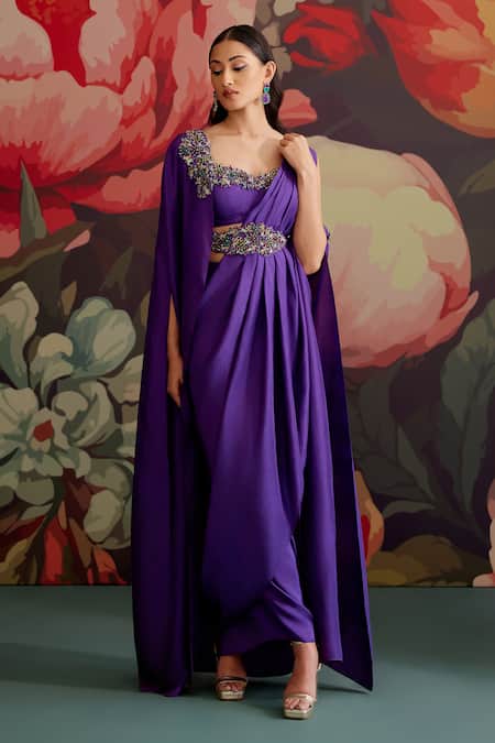 Buy_Parul And Preyanka_Purple Crepe Beads, Zari Open Neck Jamini Embroidered Pre-draped Saree With Cape 