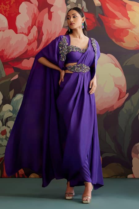 Shop_Parul And Preyanka_Purple Crepe Beads, Zari Open Neck Jamini Embroidered Pre-draped Saree With Cape 