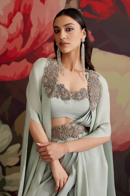 Parul And Preyanka_Sky Blue Crepe Beads, Zari, Embroidery Open Asmani Pre-draped Saree With Cape _at_Aza_Fashions