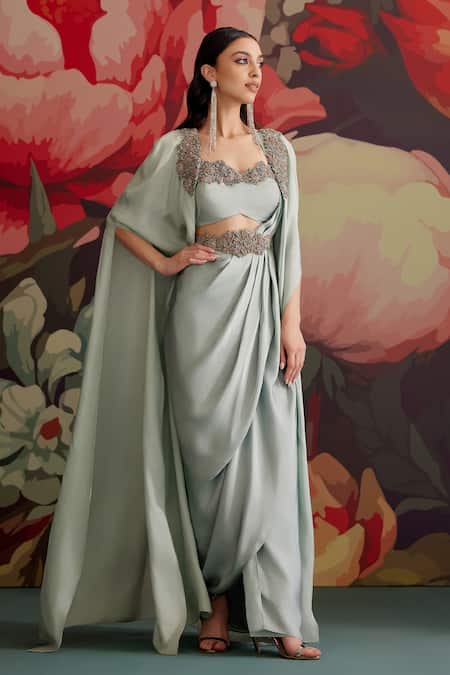 Buy_Parul And Preyanka_Sky Blue Crepe Beads, Zari, Embroidery Open Asmani Pre-draped Saree With Cape 