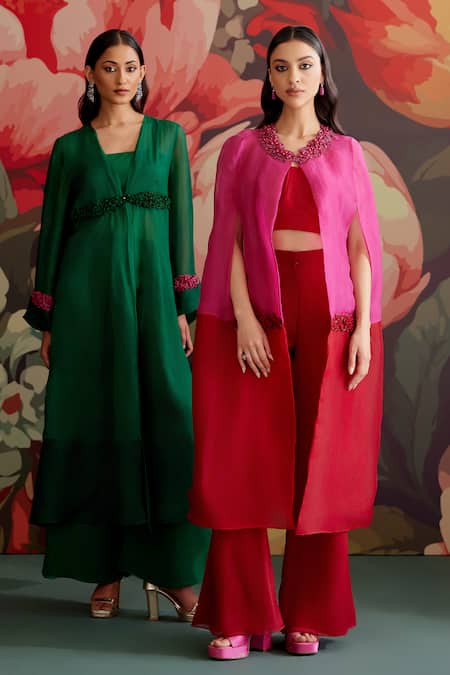 Shop_Parul And Preyanka_Green Crepe Fabric Flowers V-neck Panna Sleeve Embroidered Jacket Set _Online_at_Aza_Fashions