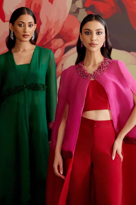 Parul And Preyanka_Green Crepe Fabric Flowers V-neck Panna Sleeve Embroidered Jacket Set _at_Aza_Fashions