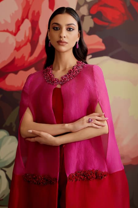 Buy_Parul And Preyanka_Fuchsia Crepe Collared Gulband Embroidered Cape Set _Online_at_Aza_Fashions