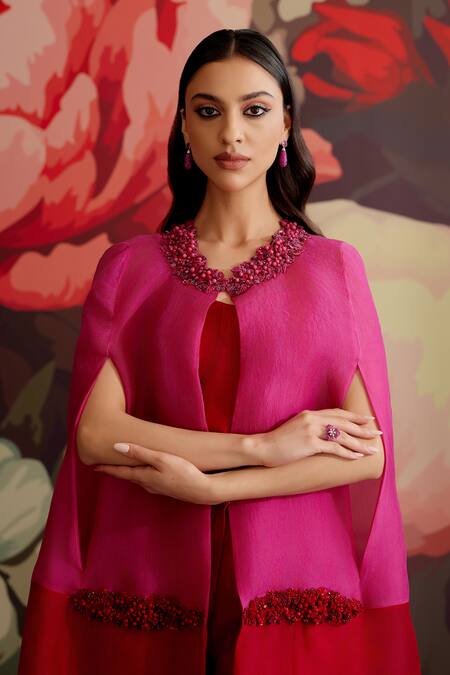 Shop_Parul And Preyanka_Fuchsia Crepe Collared Gulband Embroidered Cape Set _Online_at_Aza_Fashions