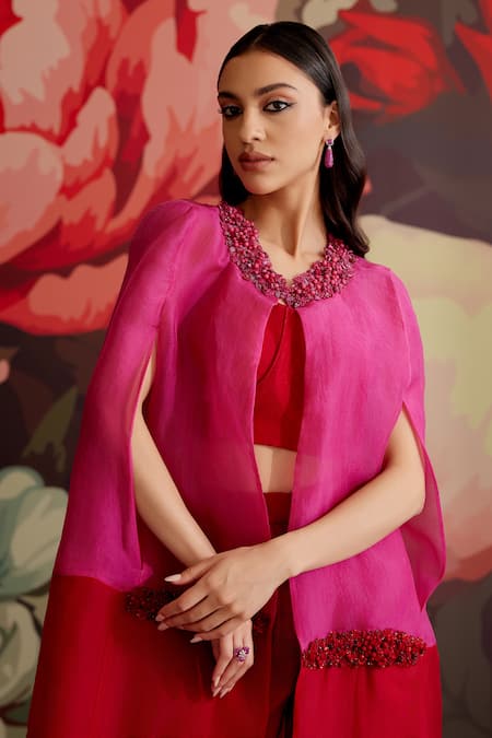 Parul And Preyanka_Fuchsia Crepe Collared Gulband Embroidered Cape Set _at_Aza_Fashions