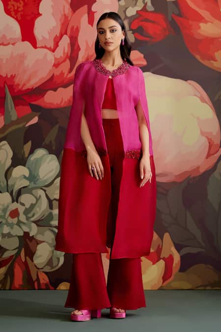 Parul And Preyanka Fuchsia Crepe Collared Gulband Embroidered Cape Set