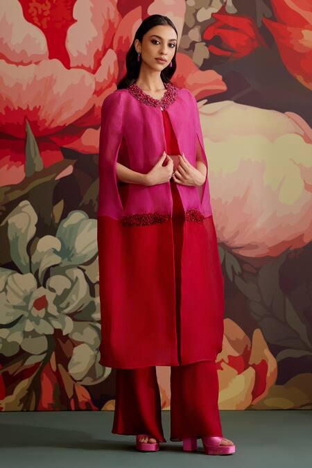 Shop_Parul And Preyanka_Fuchsia Crepe Collared Gulband Embroidered Cape Set 