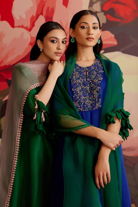 Parul And Preyanka_Blue Organza, Crepe, Embroidery, Zari, Beads, Neelam Kaftan Set _at_Aza_Fashions