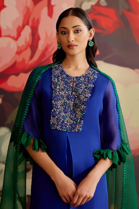 Buy_Parul And Preyanka_Blue Organza, Crepe, Embroidery, Zari, Beads, Neelam Kaftan Set 