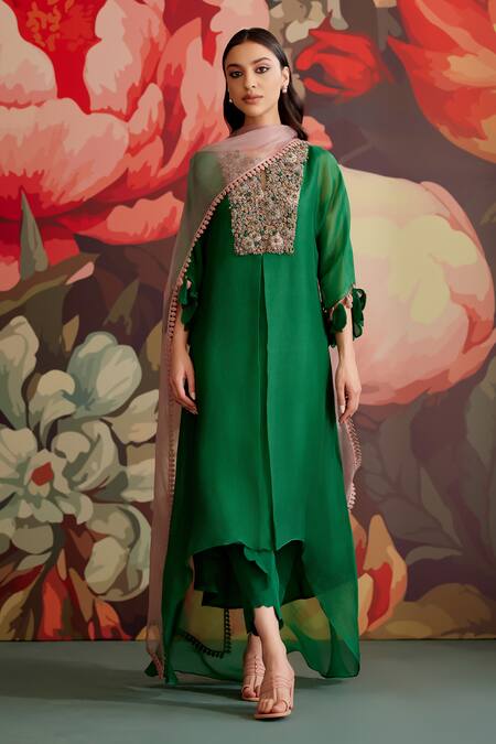 Parul And Preyanka_Emerald Green Silk Organza, Silk, Crepe Embroidery, Panna Yoke Kaftan Kurta Set _Online_at_Aza_Fashions