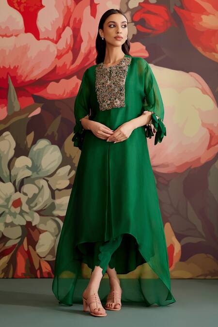 Parul And Preyanka Panna Yoke Embroidered Kaftan Kurta Set 