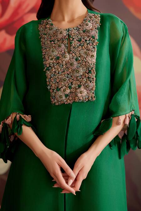 Buy_Parul And Preyanka_Emerald Green Silk Organza, Silk, Crepe Embroidery, Panna Yoke Kaftan Kurta Set _Online_at_Aza_Fashions