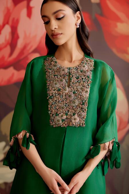 Shop_Parul And Preyanka_Emerald Green Silk Organza, Silk, Crepe Embroidery, Panna Yoke Kaftan Kurta Set _Online_at_Aza_Fashions