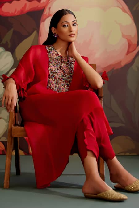 Buy_Parul And Preyanka_Red Organza, Crepe, Embroidery, Zari, Pom-poms Ruby Kaftan Kurta Set _Online_at_Aza_Fashions
