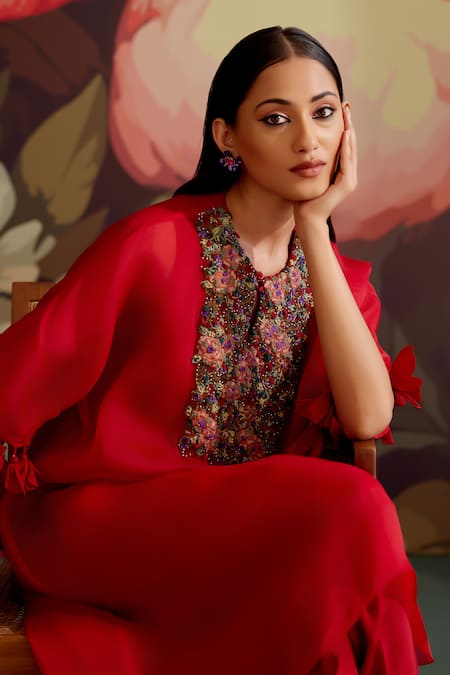 Shop_Parul And Preyanka_Red Organza, Crepe, Embroidery, Zari, Pom-poms Ruby Kaftan Kurta Set _Online_at_Aza_Fashions
