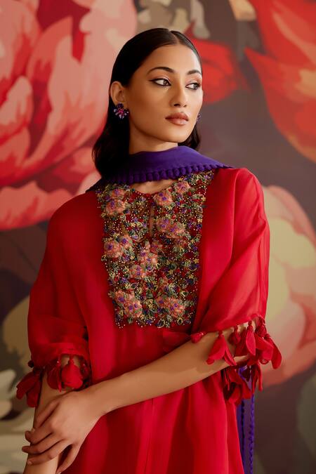 Parul And Preyanka_Red Organza, Crepe, Embroidery, Zari, Pom-poms Ruby Kaftan Kurta Set _at_Aza_Fashions