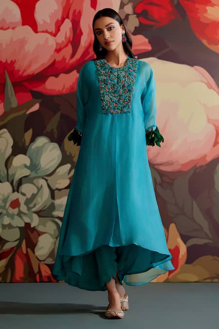 Shop_Parul And Preyanka_Blue Silk Organza, Silk, Crepe Embroidery, Zari, Feroza Kaftan Kurta Set _Online_at_Aza_Fashions