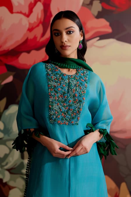 Parul And Preyanka_Blue Silk Organza, Silk, Crepe Embroidery, Zari, Feroza Kaftan Kurta Set _at_Aza_Fashions