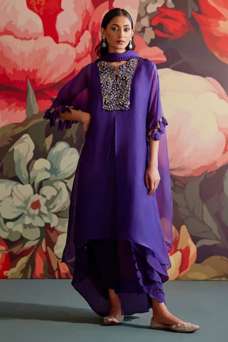 Parul And Preyanka Purple Organza, Crepe, Embroidery, Zari, Beads, Mavi Kaftan Kurta Set