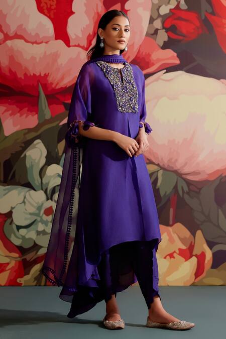 Parul And Preyanka_Purple Organza, Crepe, Embroidery, Zari, Beads, Mavi Kaftan Kurta Set _Online_at_Aza_Fashions