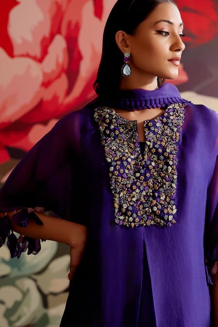 Buy_Parul And Preyanka_Purple Organza, Crepe, Embroidery, Zari, Beads, Mavi Kaftan Kurta Set _Online_at_Aza_Fashions
