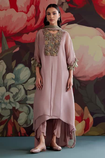 Parul And Preyanka_Purple Silk Organza, Crepe Embroidery, Zari, Applique Rosaa Kaftan Kurta Set _Online_at_Aza_Fashions