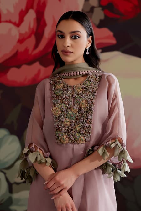 Buy_Parul And Preyanka_Purple Silk Organza, Crepe Embroidery, Zari, Applique Rosaa Kaftan Kurta Set _Online_at_Aza_Fashions