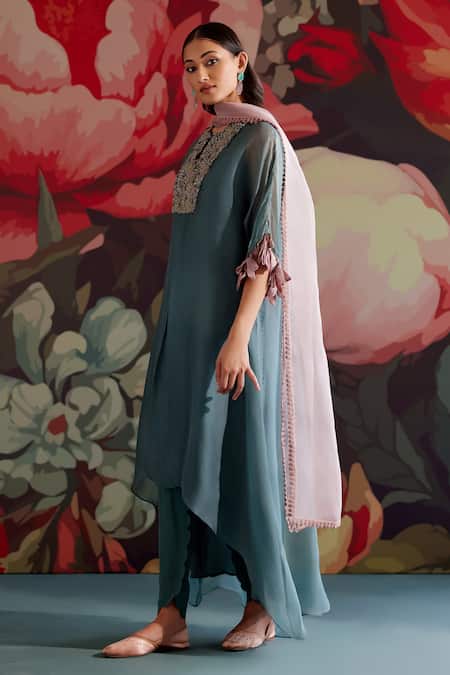 Parul And Preyanka_Teal Silk Organza, Crepe Embroidery, Metallic Thread, Sapphire Kaftan Kurta Set _Online_at_Aza_Fashions