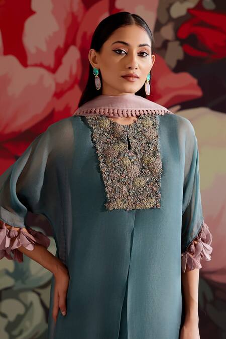 Buy_Parul And Preyanka_Teal Silk Organza, Crepe Embroidery, Metallic Thread, Sapphire Kaftan Kurta Set _Online_at_Aza_Fashions