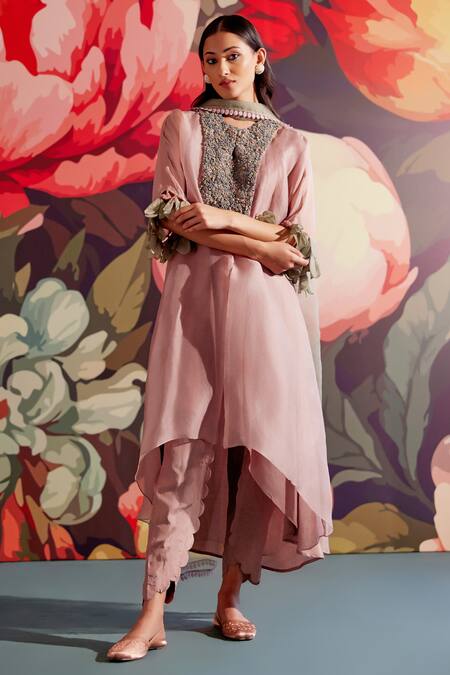 Parul And Preyanka_Peach Silk Organza, Crepe Embroidery, Zari Round Neck Taabi Kaftan Kurta Set _Online_at_Aza_Fashions