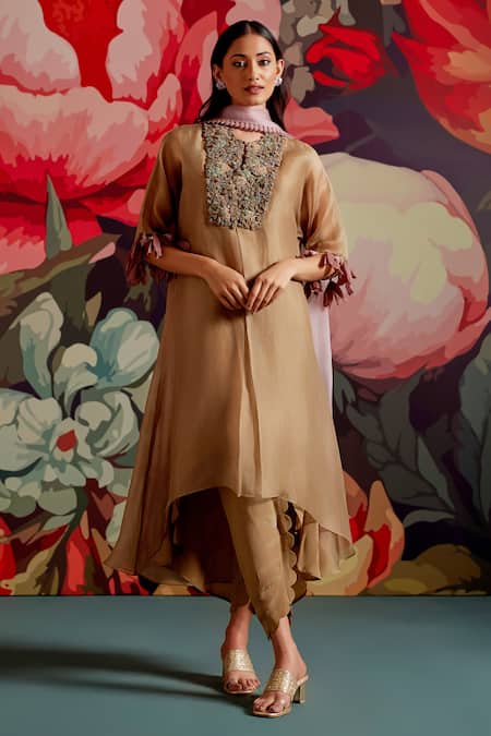 Parul And Preyanka Gold Organza, Embroidery, Zari Split Sunela Floral Kaftan Kurta Set
