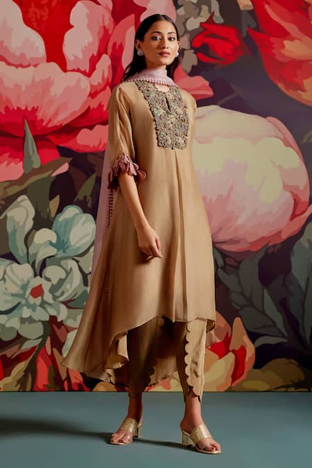 Parul And Preyanka_Gold Organza, Embroidery, Zari Split Sunela Floral Kaftan Kurta Set _Online_at_Aza_Fashions