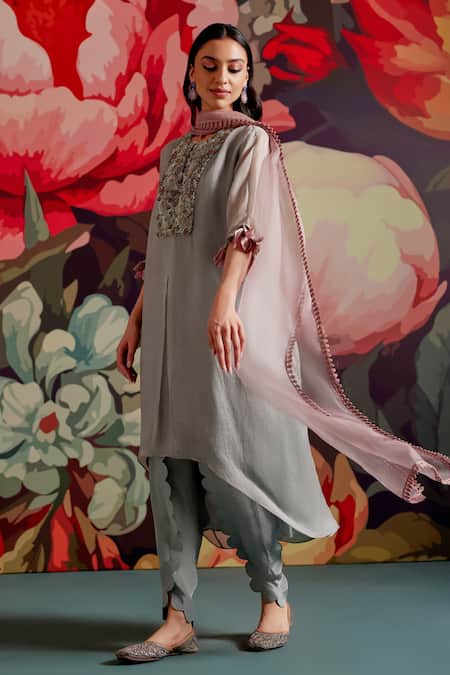 Parul And Preyanka Blue Opal Embroidered Kaftan Kurta Set 