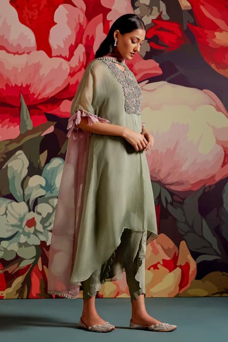 Parul And Preyanka_Olive Green Organza, Crepe, Prasiolite Yoke Kaftan Kurta Set _Online_at_Aza_Fashions