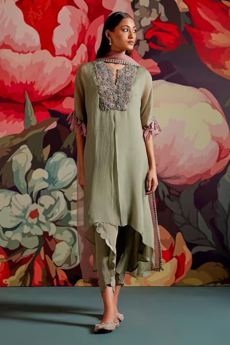 Parul And Preyanka Olive Green Organza, Crepe, Prasiolite Yoke Kaftan Kurta Set 