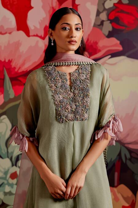 Shop_Parul And Preyanka_Olive Green Organza, Crepe, Prasiolite Yoke Kaftan Kurta Set _Online_at_Aza_Fashions