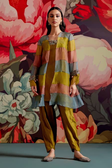 Parul And Preyanka Multi Color Chanderi Embroidery, Beads, Angoori Colorblock Cape Kurta Set 