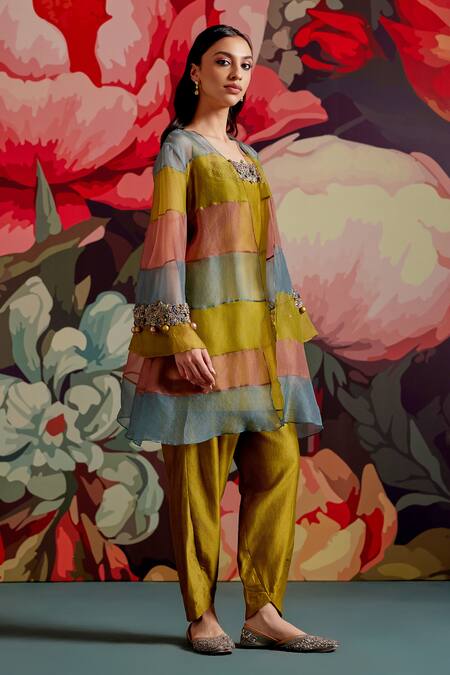 Buy_Parul And Preyanka_Multi Color Chanderi Embroidery, Beads, Angoori Colorblock Cape Kurta Set _Online_at_Aza_Fashions