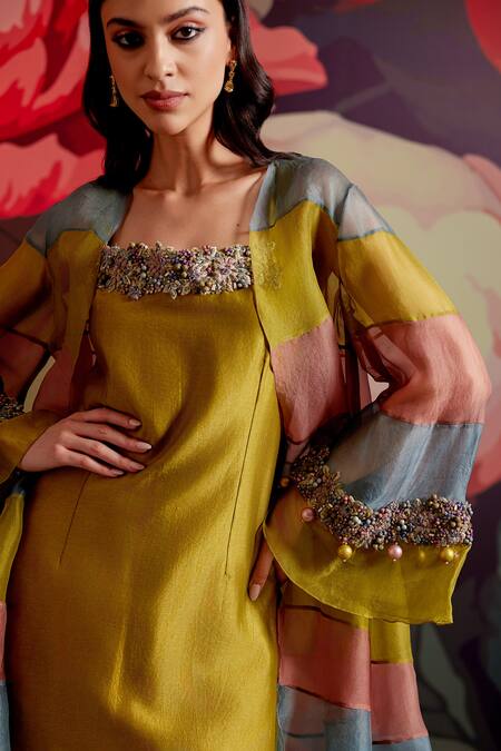 Shop_Parul And Preyanka_Multi Color Chanderi Embroidery, Beads, Angoori Colorblock Cape Kurta Set _Online_at_Aza_Fashions