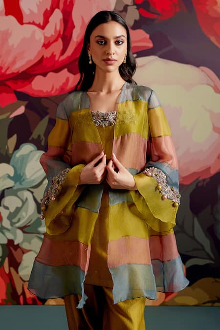 Parul And Preyanka_Multi Color Chanderi Embroidery, Beads, Angoori Colorblock Cape Kurta Set _at_Aza_Fashions