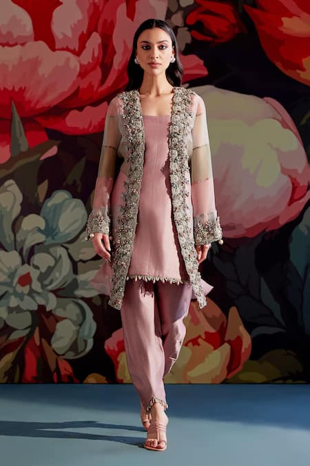 Parul And Preyanka_Peach Chanderi, Silk Organza Embroidery, Beads, Pearls, Aroo Jacket And Kurta Set _Online_at_Aza_Fashions