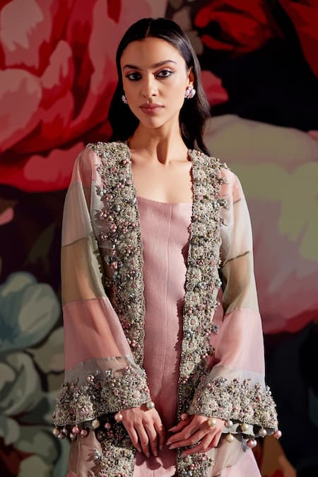 Buy_Parul And Preyanka_Peach Chanderi, Silk Organza Embroidery, Beads, Pearls, Aroo Jacket And Kurta Set _Online_at_Aza_Fashions