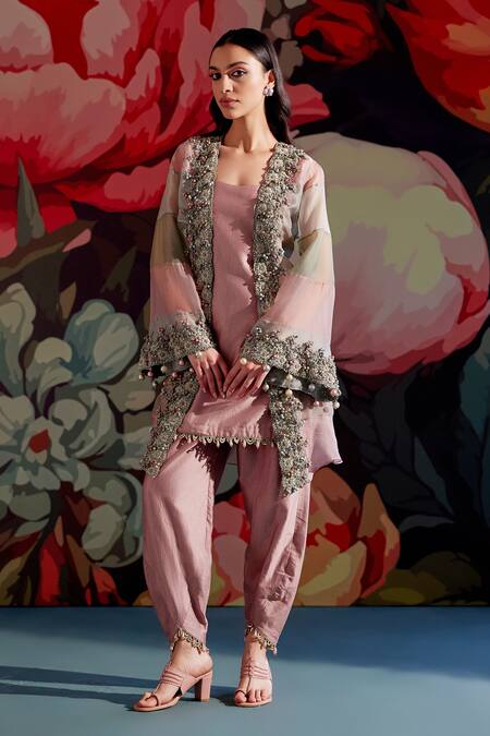 Shop_Parul And Preyanka_Peach Chanderi, Silk Organza Embroidery, Beads, Pearls, Aroo Jacket And Kurta Set _Online_at_Aza_Fashions