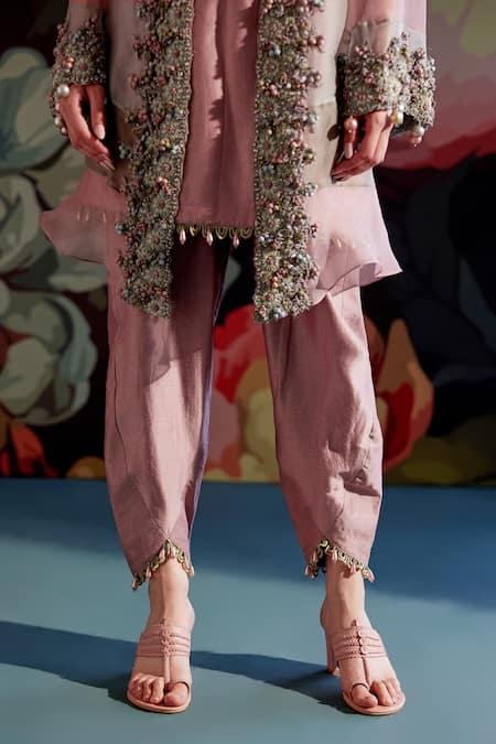 Parul And Preyanka_Peach Chanderi, Silk Organza Embroidery, Beads, Pearls, Aroo Jacket And Kurta Set _at_Aza_Fashions